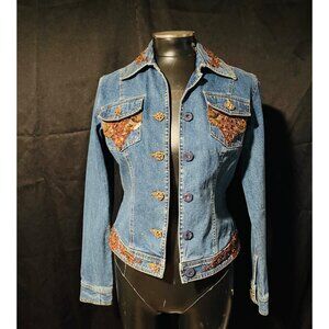 Women's Cach'e Blue Denim Jacket Button Up Embroided Lace Sequin Beaded Size XS